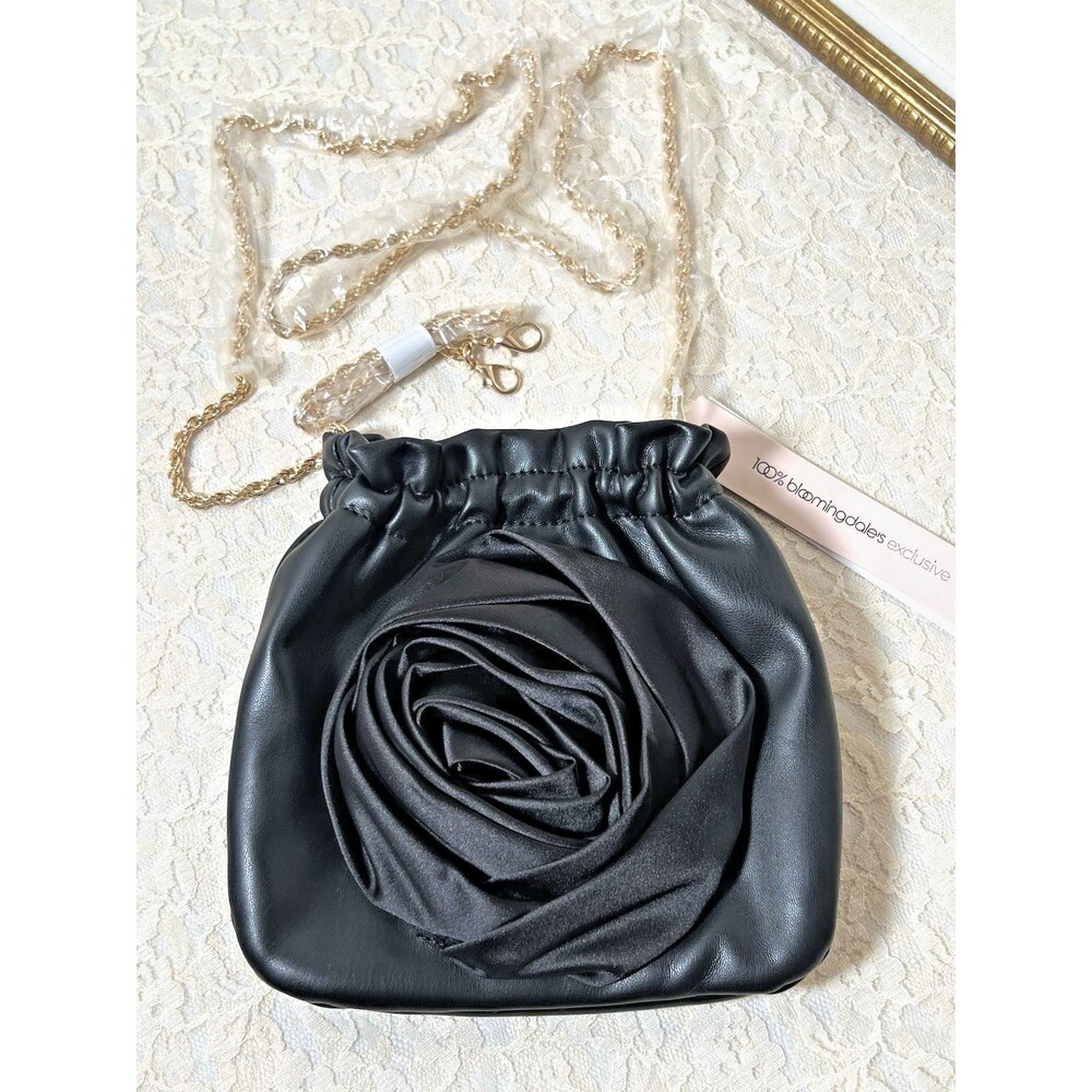NWT Aqua Bloomingdale’s Black Rose Bucket Purse Vegan Leather Magnet Old Glamour